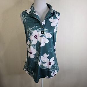 Bad Birdie Women’s Sleeveless Green Floral Pink Pickleball Polo Shirt Medium